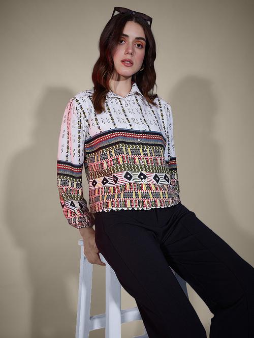 women printed collared puff sleeve regular shirt - 21947511 - Standard Image - 0