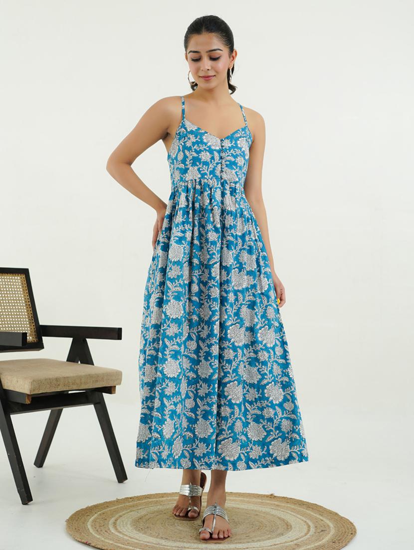 women floral shoulder strap fit & flare ethnic dress