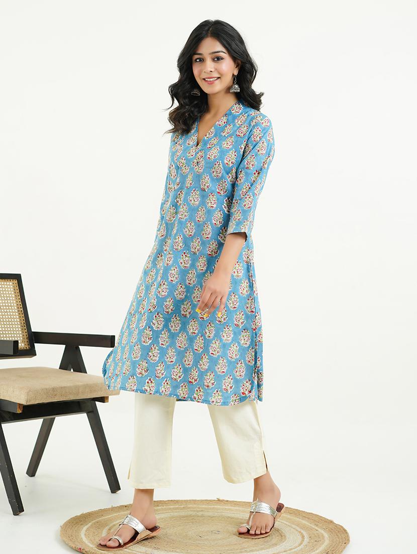 women three quarter sleeve a-line kurta - 21947558 - Standard Image - 4