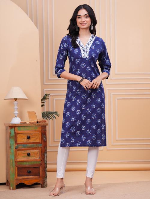 women blue three quarter sleeve straight kurta - 21947572 - Standard Image - 0