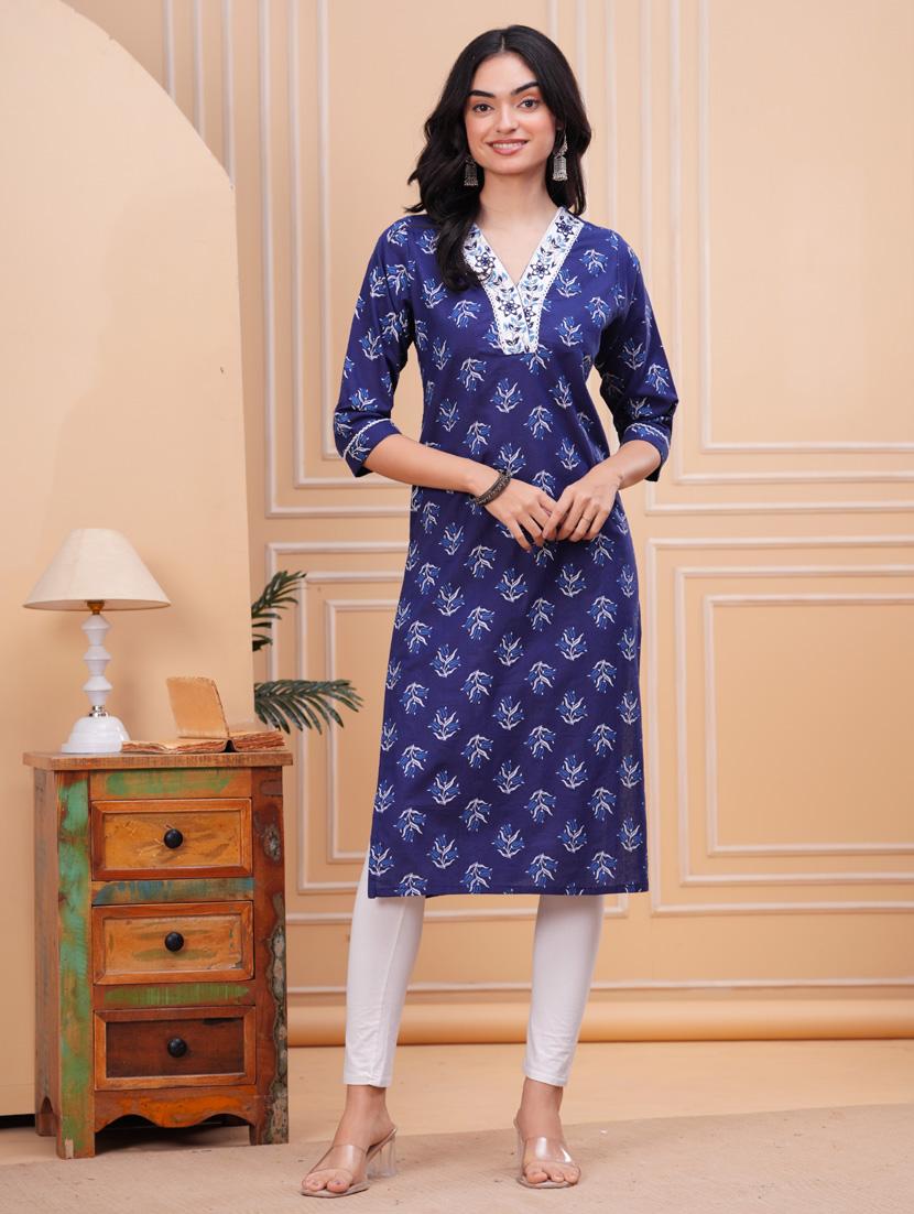 women blue three quarter sleeve straight kurta - 21947572 - Zoom Image - 0