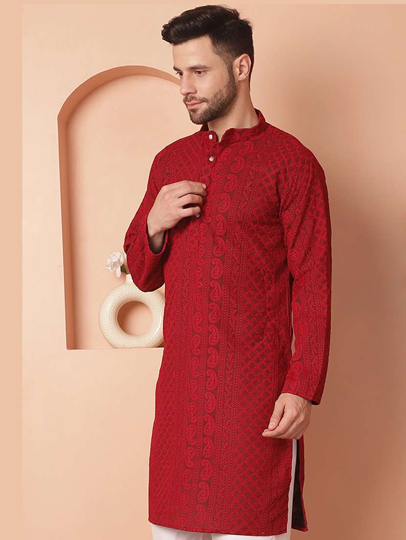 men embroidered mandarin neck long kurta - 21947578 - Standard Image - 1