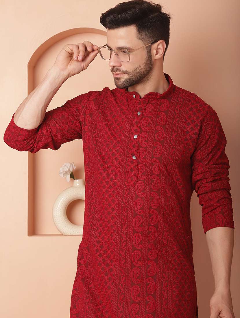 men embroidered mandarin neck long kurta - 21947578 - Standard Image - 4