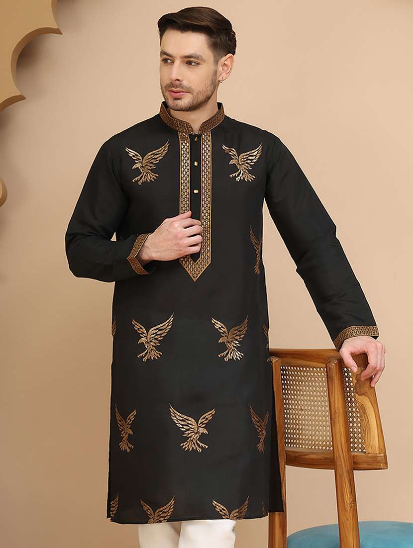 men embroidered mandarin neck long kurta