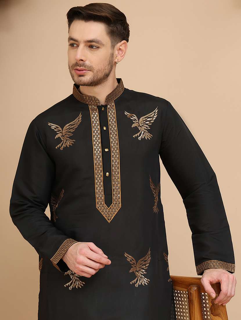 men embroidered mandarin neck long kurta - 21947584 - Standard Image - 4