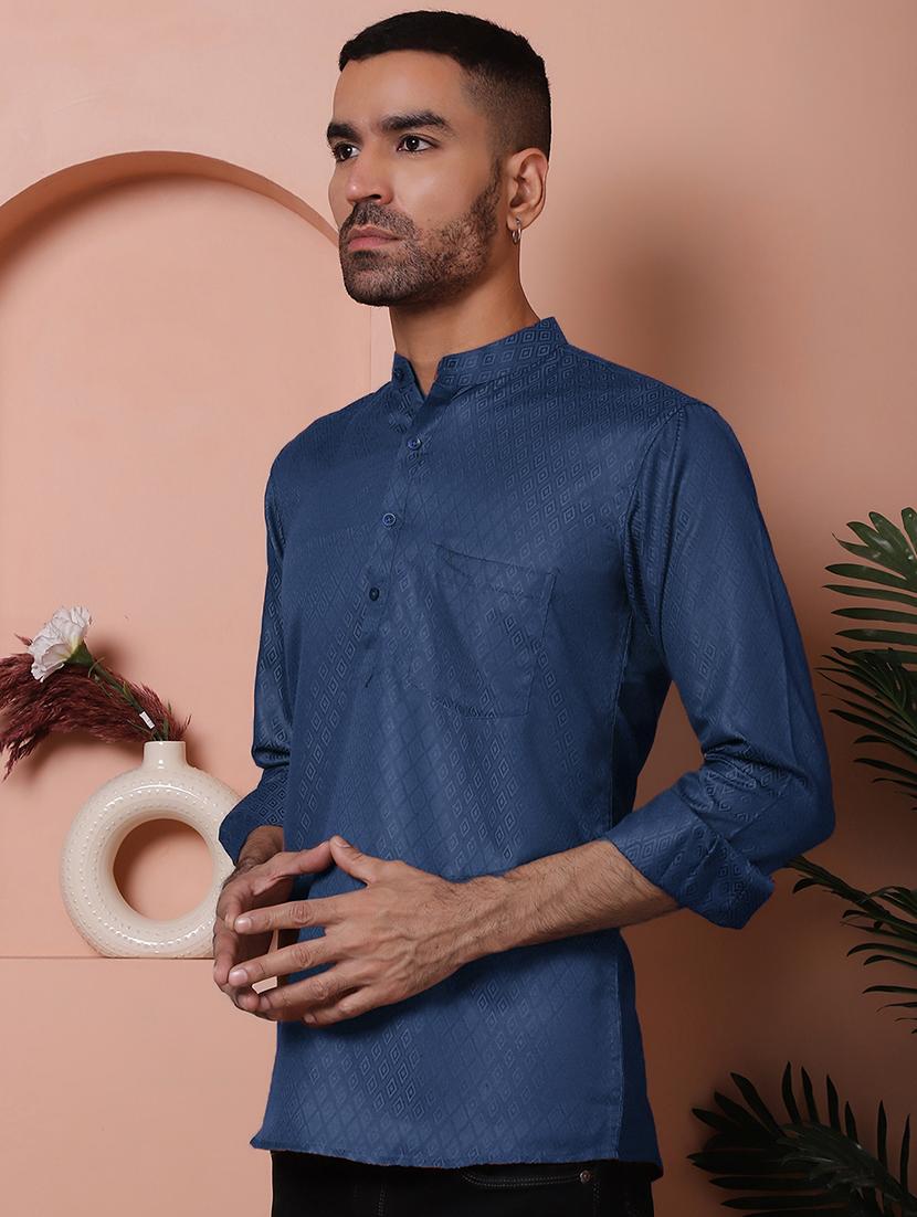 men self design mandarin neck short kurta - 21947591 - Standard Image - 1
