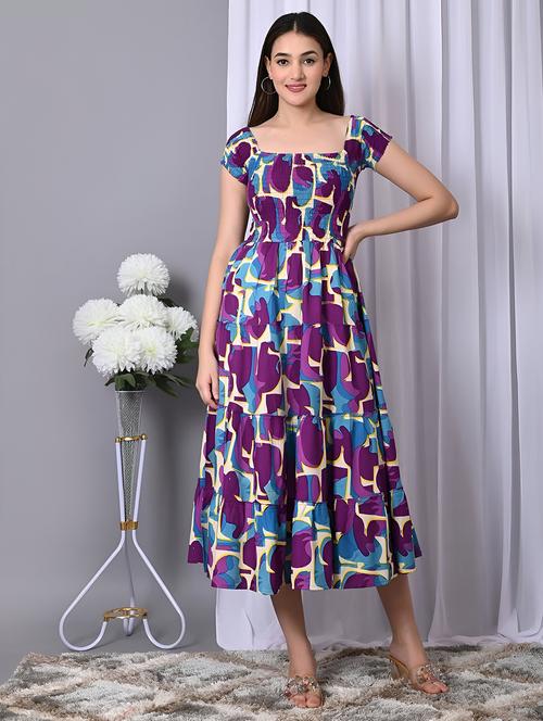 women printed cap sleeve smocked tiered dress - 21947626 - Standard Image - 0