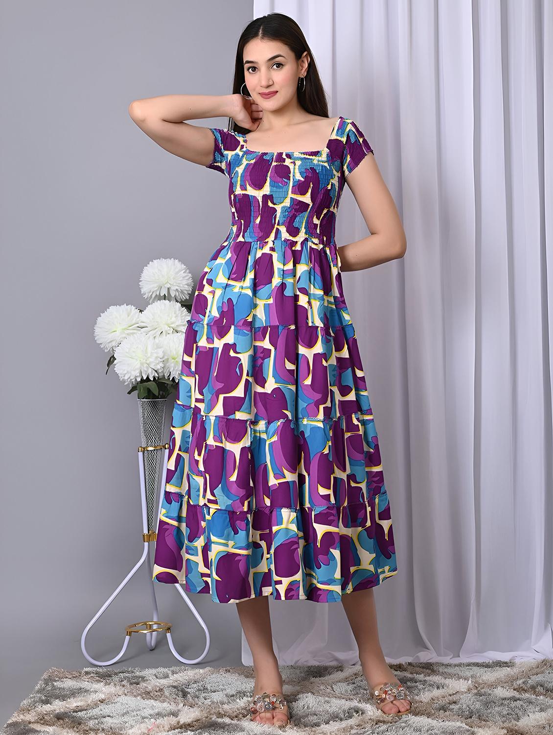 women printed cap sleeve smocked tiered dress - 21947626 - Standard Image - 1