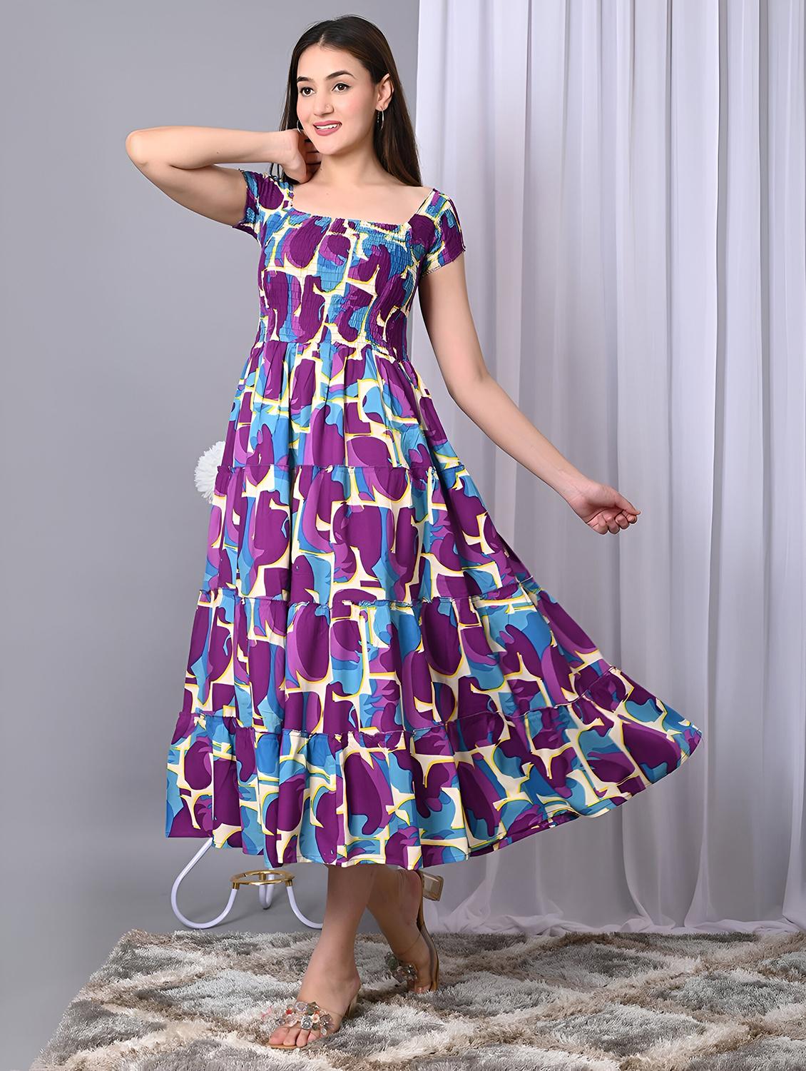 women printed cap sleeve smocked tiered dress - 21947626 - Standard Image - 4