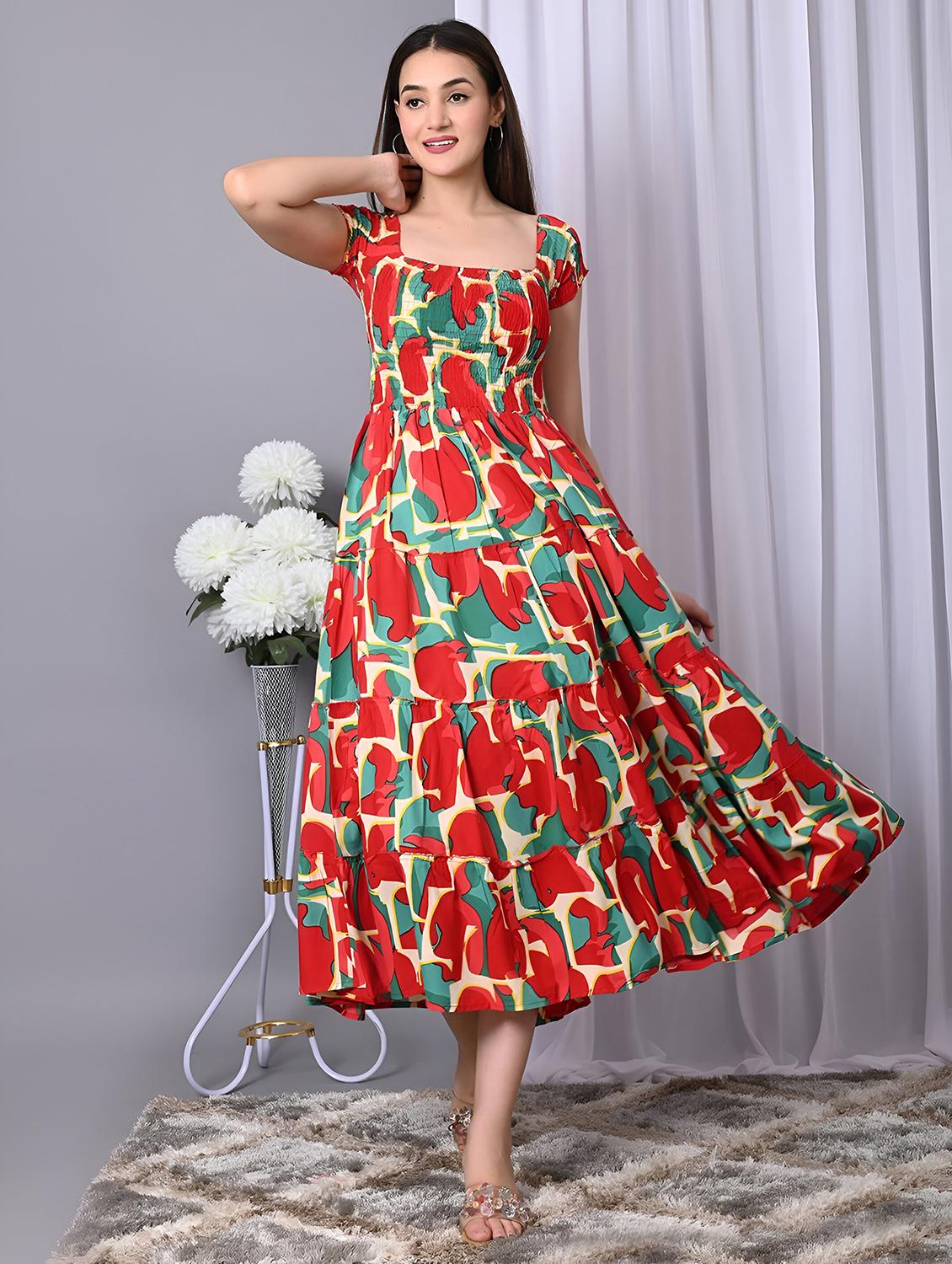 women printed cap sleeve smocked tiered dress - 21947627 -  Zoom Image - 0