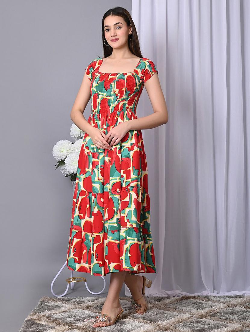 women printed cap sleeve smocked tiered dress - 21947627 -  Standard Image - 1