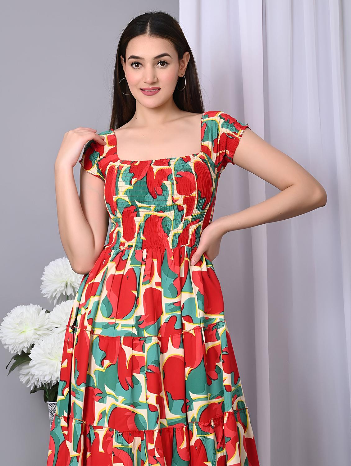 women printed cap sleeve smocked tiered dress - 21947627 - Standard Image - 4