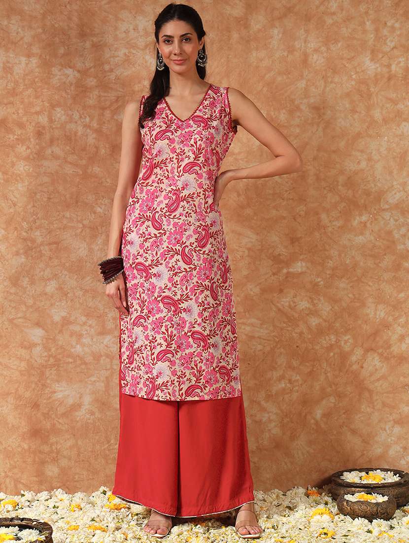 women printed sleeveless kurta palazzo set