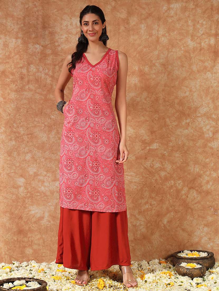 women printed sleeveless kurta palazzo set
