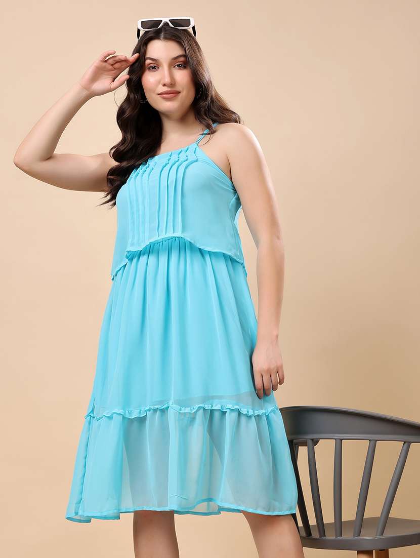 women solid shoulder strap tiered dress
