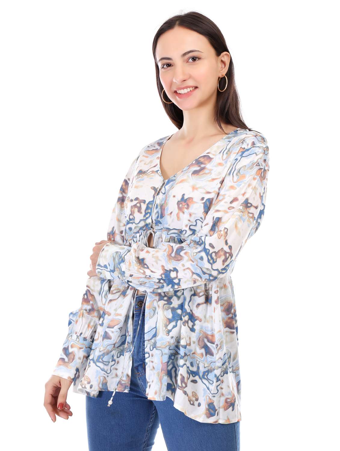 women printed long sleeve front open flared top