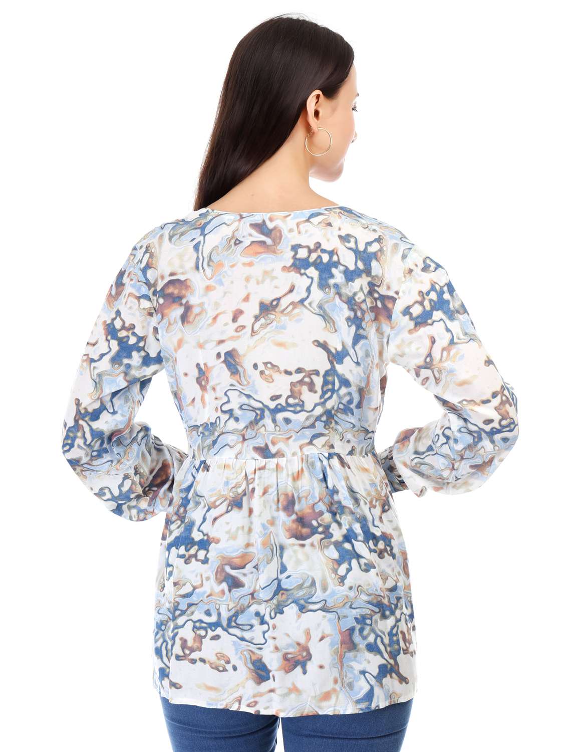 women printed long sleeve front open flared top - 21947834 - Standard Image - 1