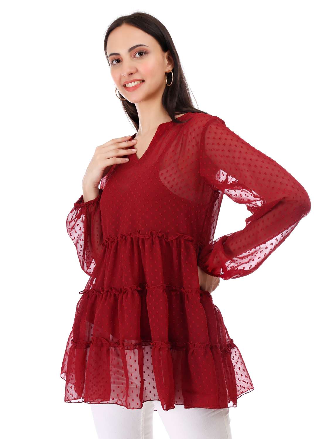 women self designed long sleeve tiered top - 21947837 -  Standard Image - 1