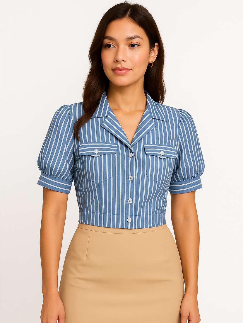 women striped puff sleeve crop top