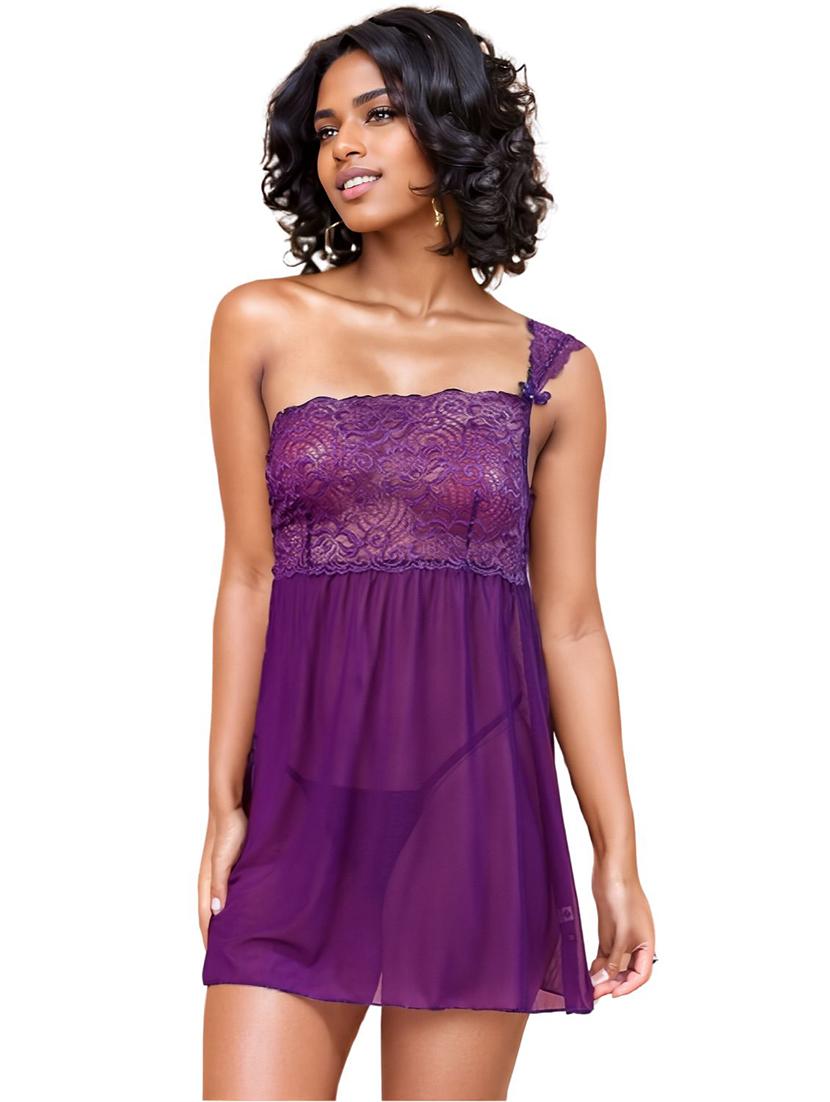women solid single shoulder sheer lace babydoll set - 21947850 -  Standard Image - 1