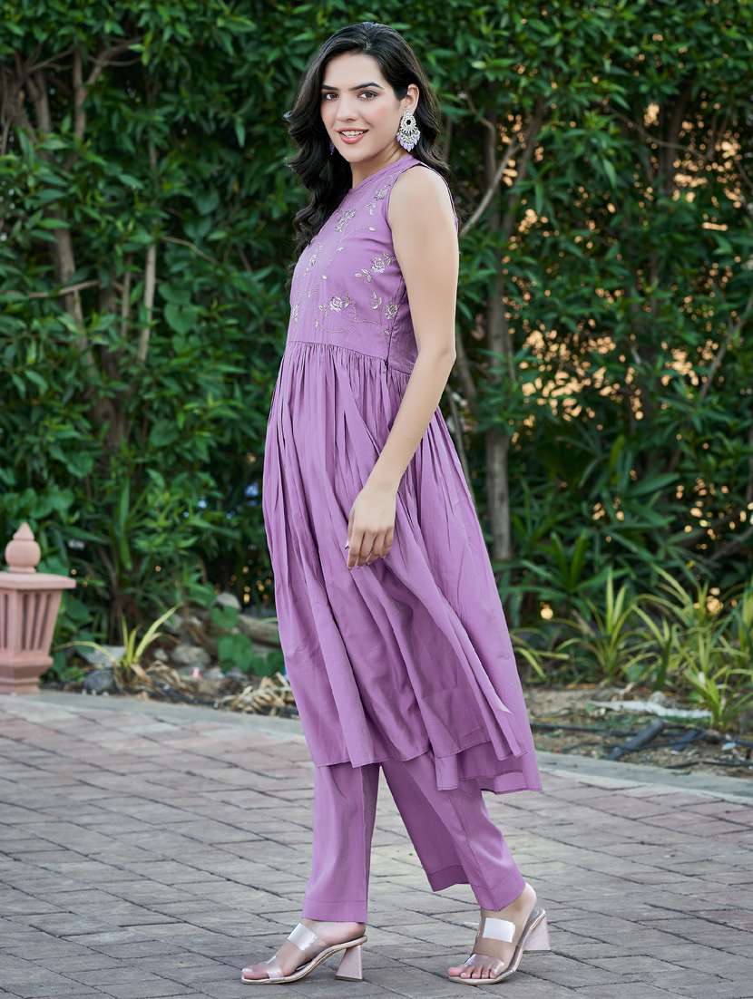 women lavender embroidered sleeve kurta palazzo set - 21947856 -  Standard Image - 1