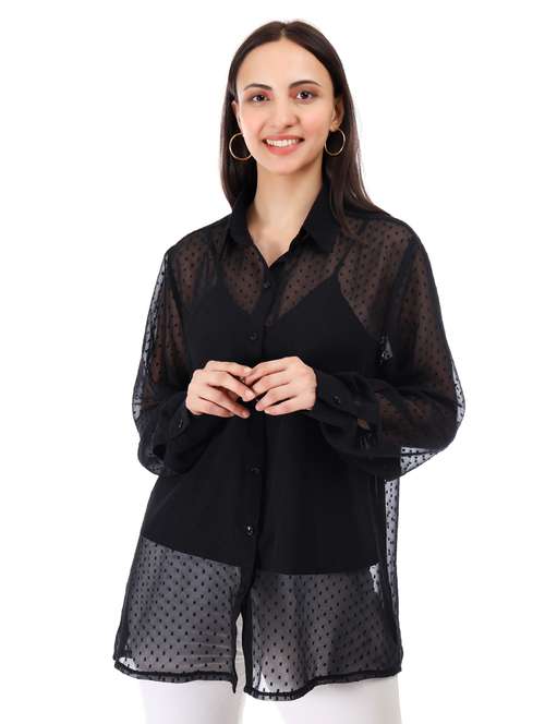 women self designed collared oversized sheer shirt - 21947859 -  Standard Image - 0
