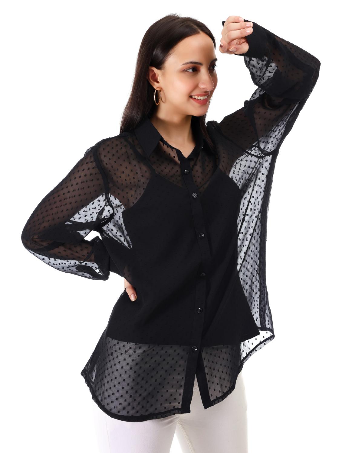 women self designed collared oversized sheer shirt - 21947859 - Standard Image - 1