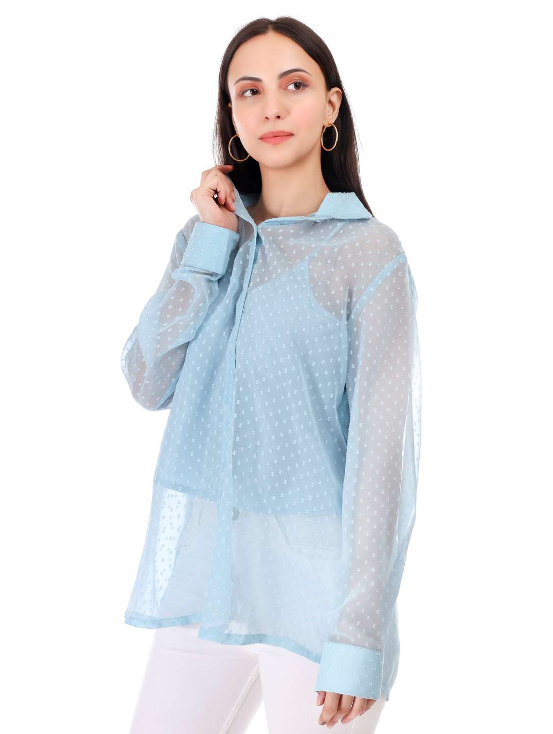 women self designed collared oversized sheer shirt - 21947860 -  Standard Image - 1
