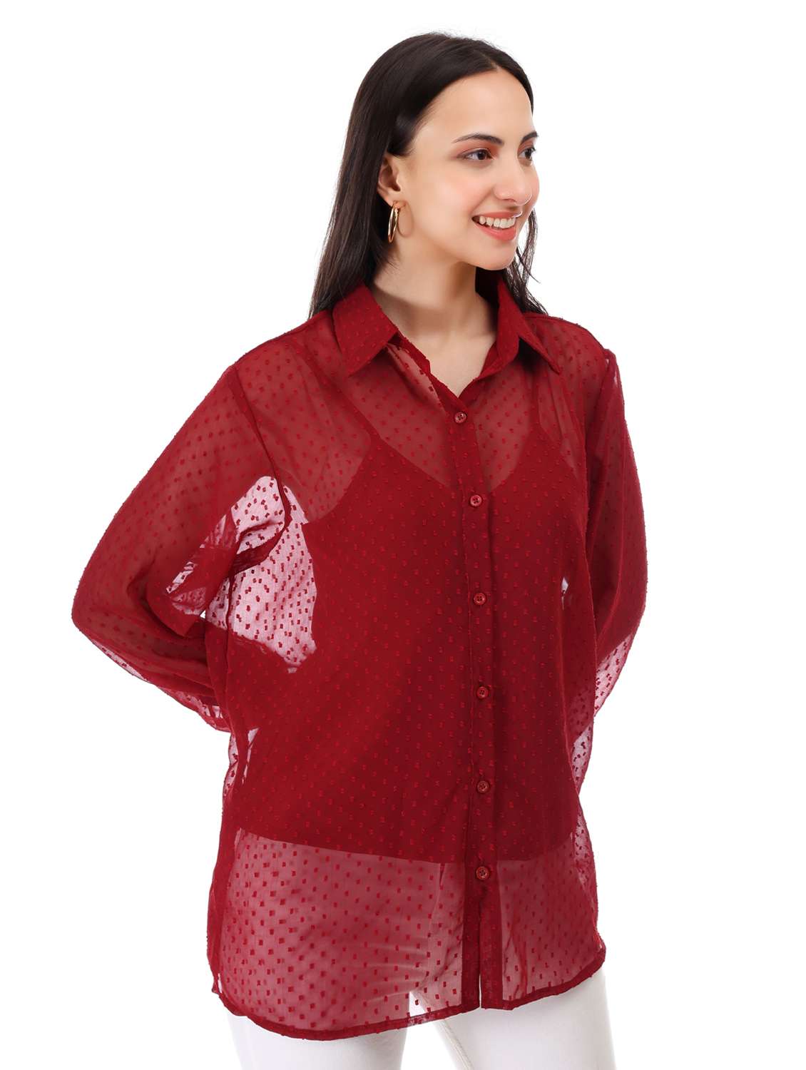 women self designed collared oversized sheer shirt - 21947861 -  Standard Image - 1