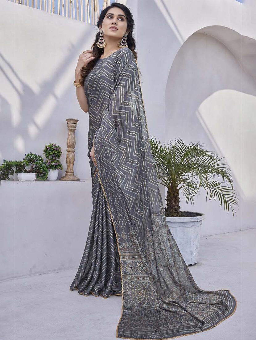 women grey chevron printed saree with blouse - 21947869 -  Standard Image - 1