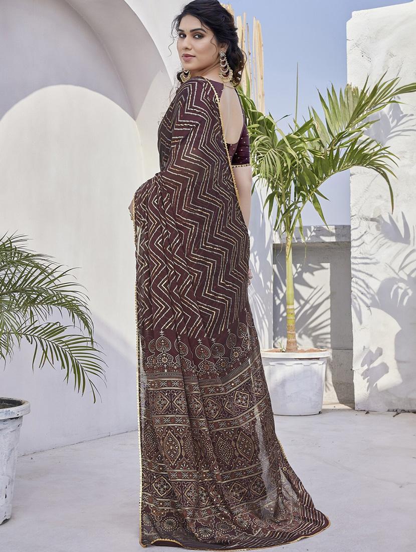 women brown chevron printed saree with blouse - 21947871 - Standard Image - 1