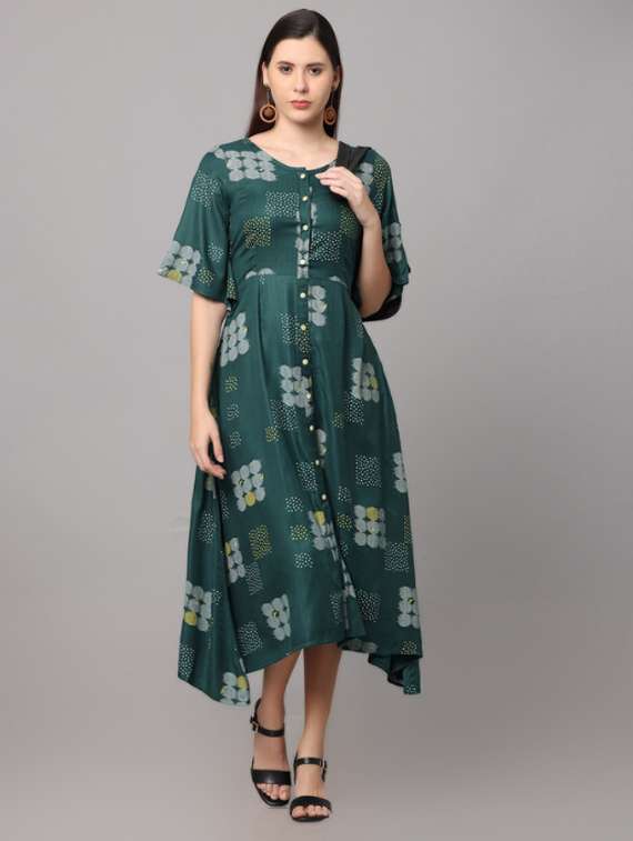 women printed short sleeve asymmetric ethnic dress - 21947881 -  Standard Image - 1