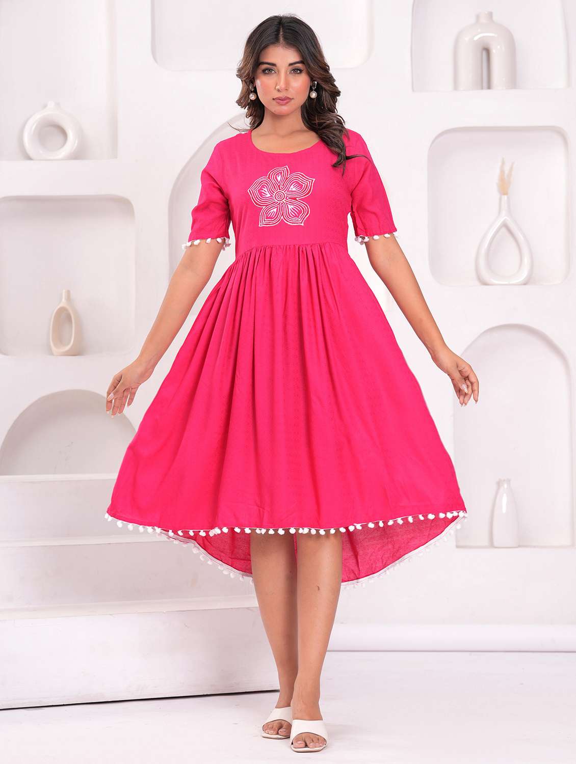 women embroidered short sleeve high low ethnic dress