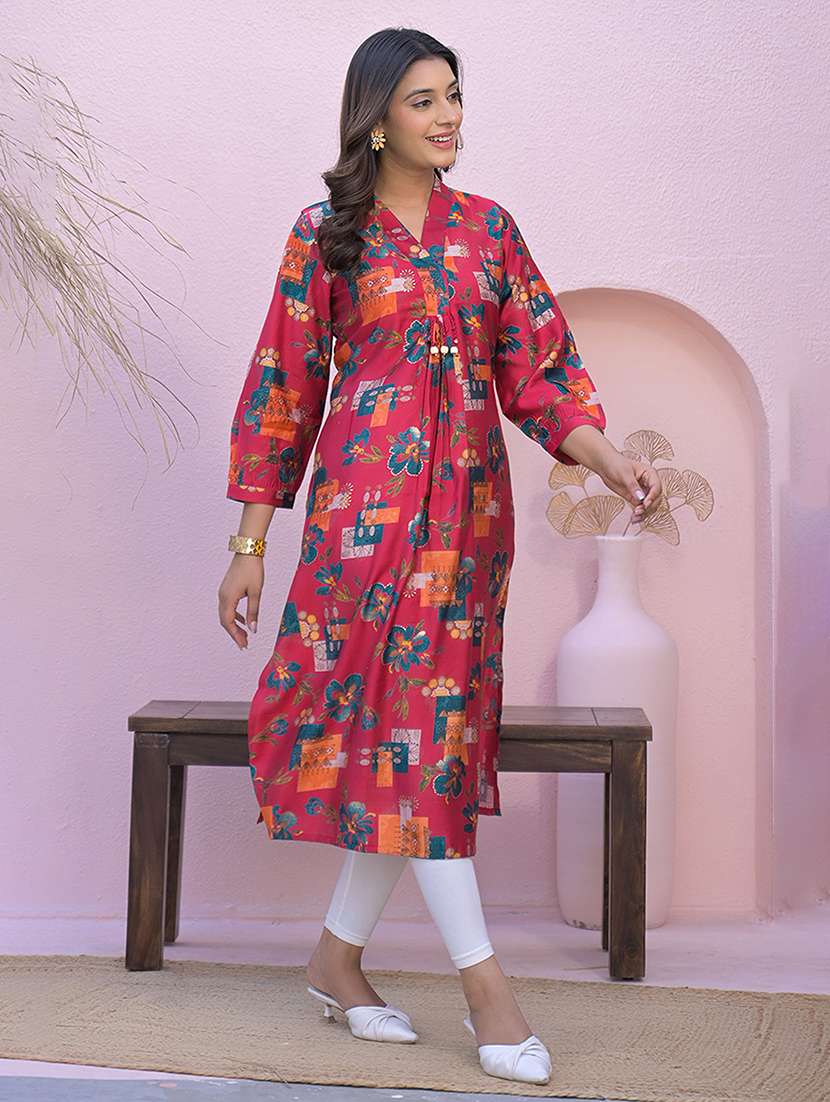 women pink printed long sleeve a-line kurta - 21947953 -  Standard Image - 1