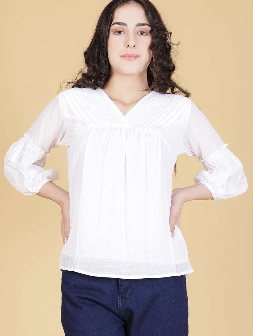 women white solid puff sleeve regular top