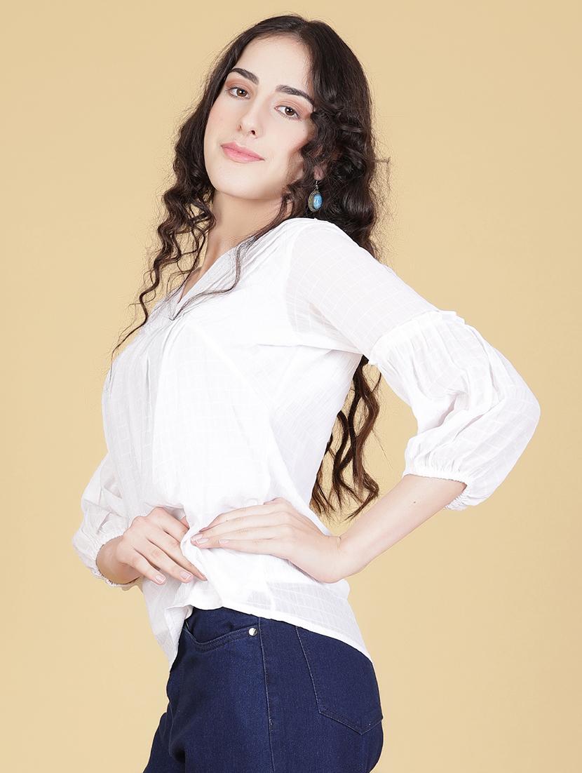 women white solid puff sleeve regular top - 21948049 - Standard Image - 1
