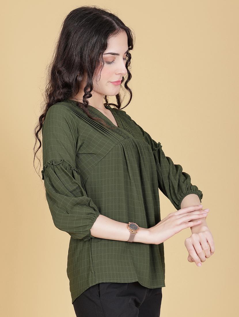 women olive solid three quarter sleeve regular top - 21948086 - Standard Image - 1
