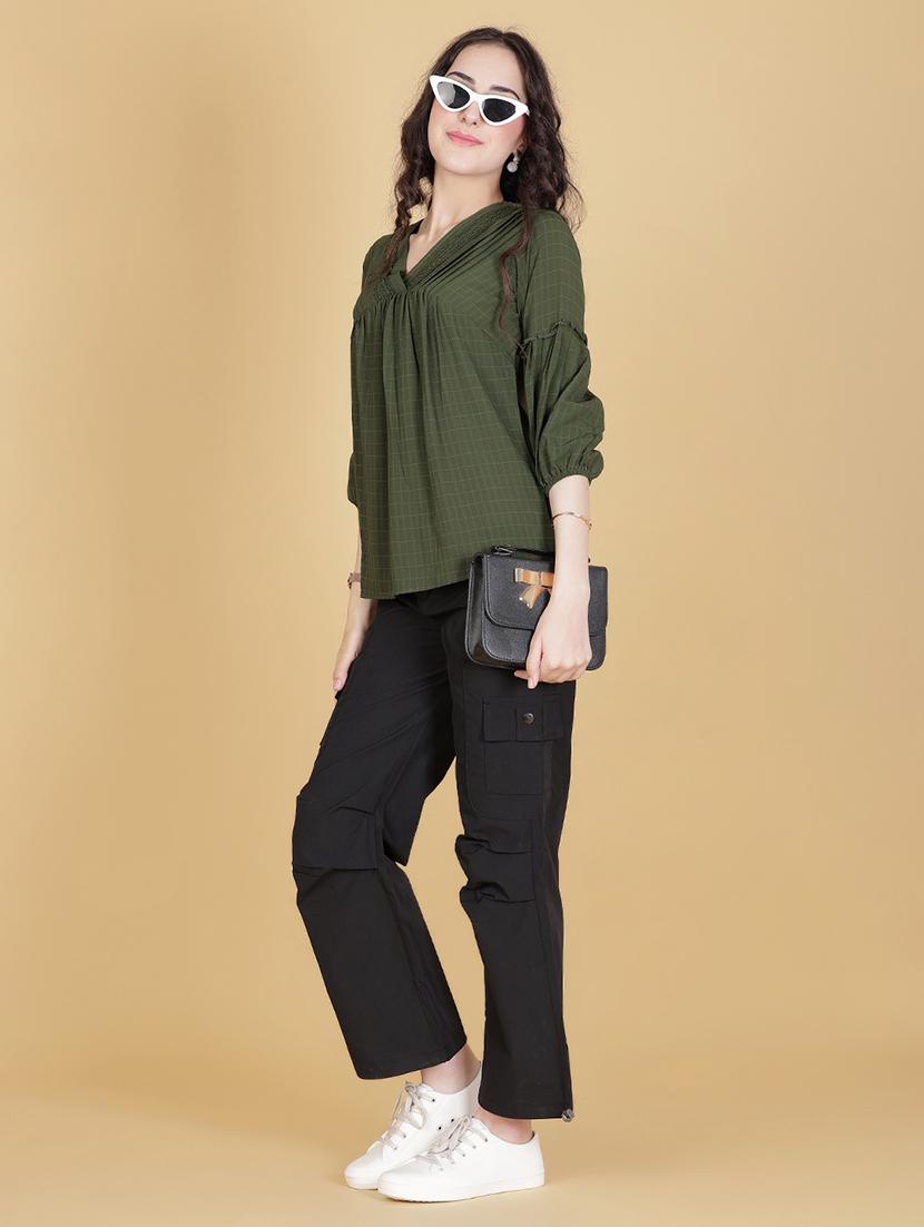 women olive solid three quarter sleeve regular top - 21948086 - Standard Image - 4