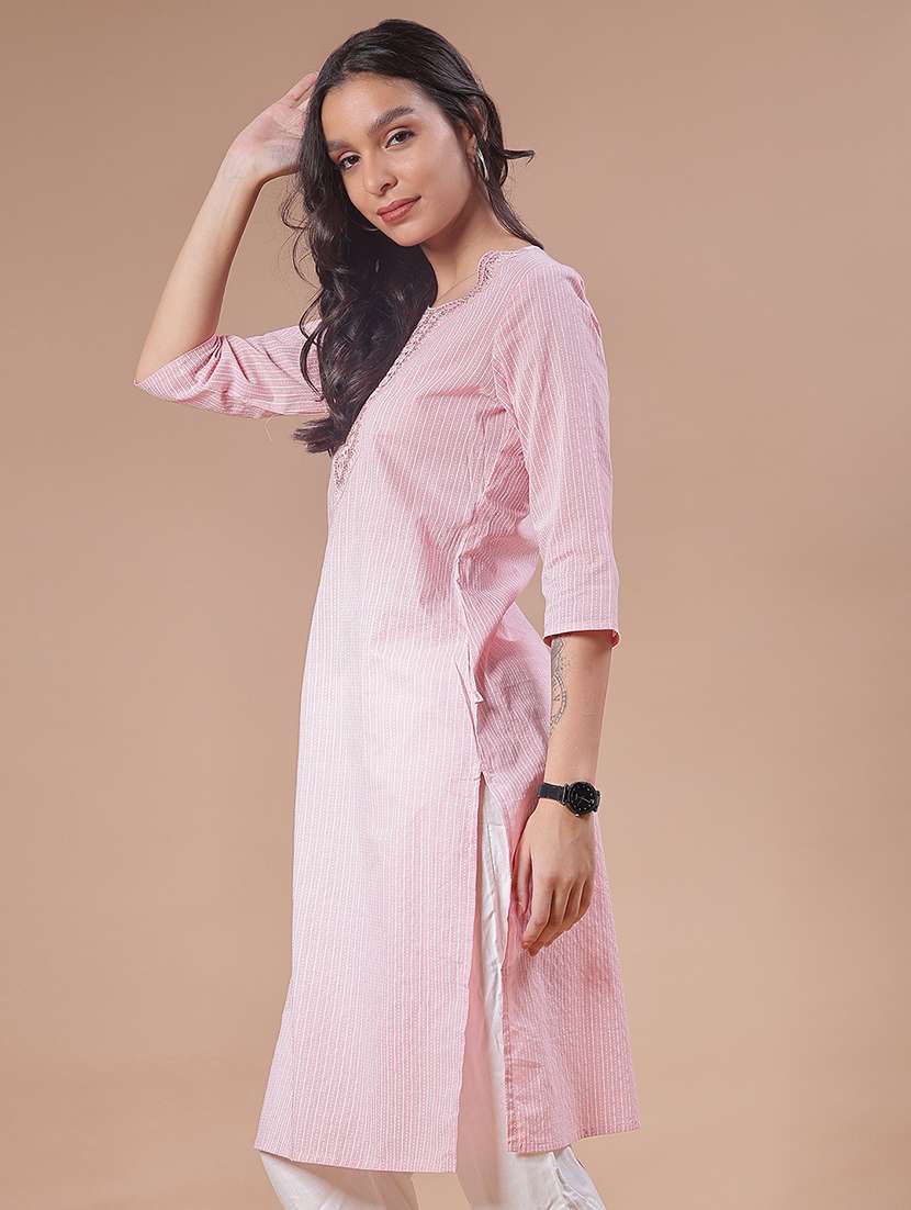 women striped three quarter sleeve straight kurta - 21948145 -  Standard Image - 1