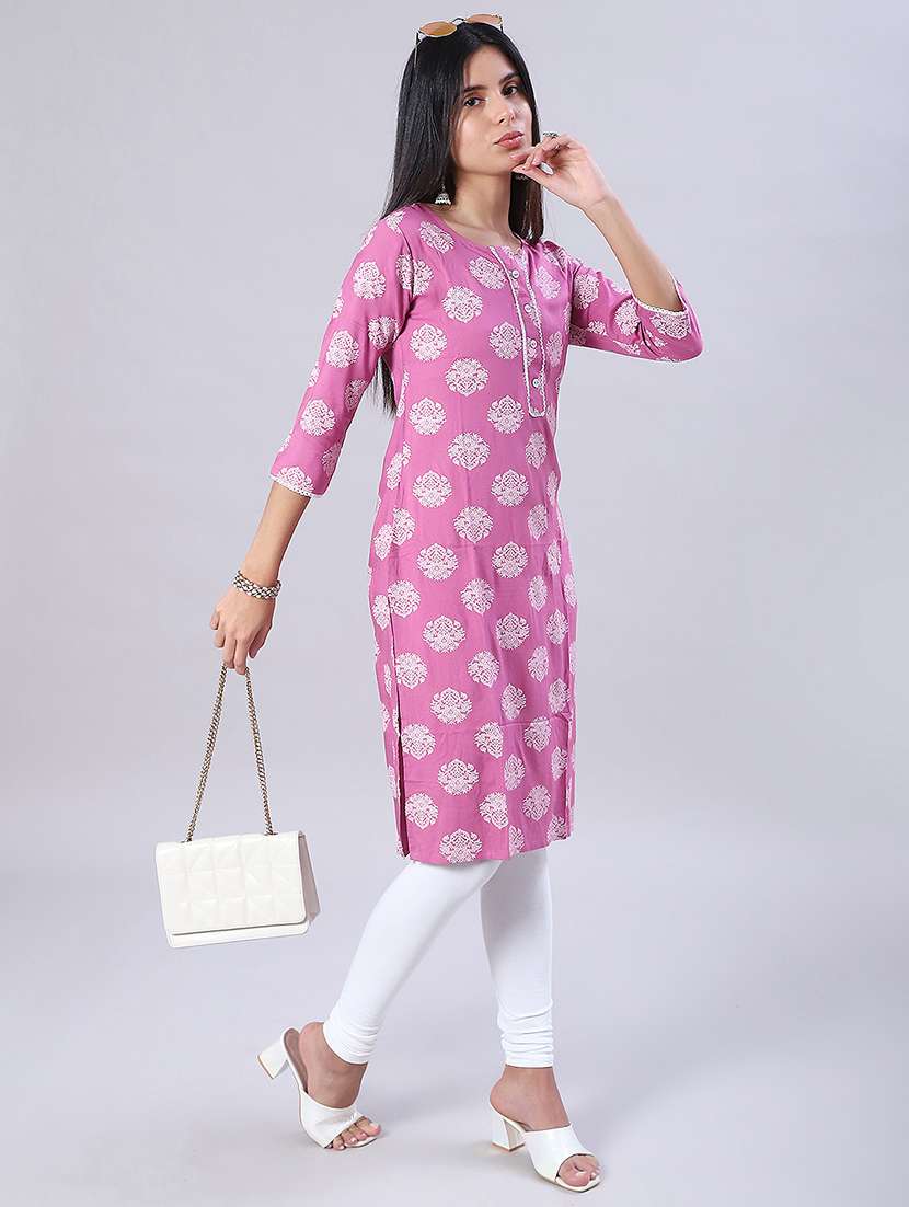 women printed three quarter sleeve straight kurta - 21948157 -  Standard Image - 1