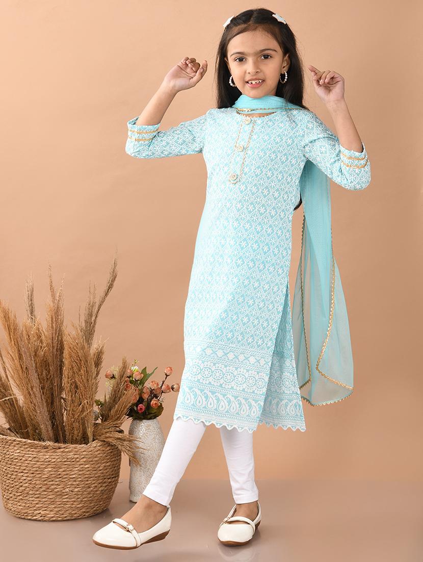 girls embroidered round neck kurta ans dupatta set - 21948173 -  Standard Image - 1