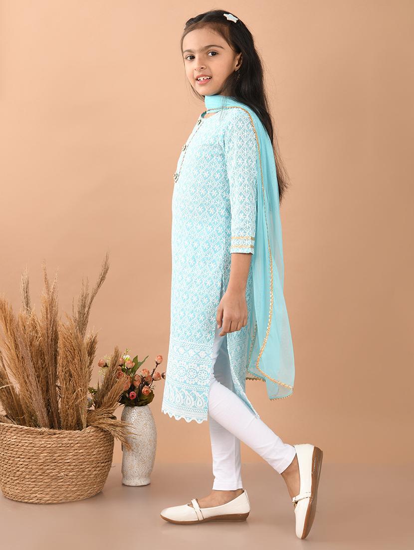 girls embroidered round neck kurta ans dupatta set - 21948173 - Standard Image - 4