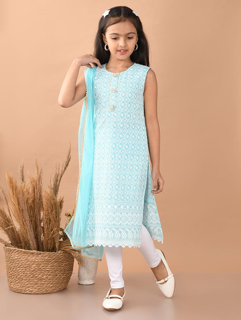 girls embroidered round neck kurta and dupatta set - 21948184 -  Standard Image - 1