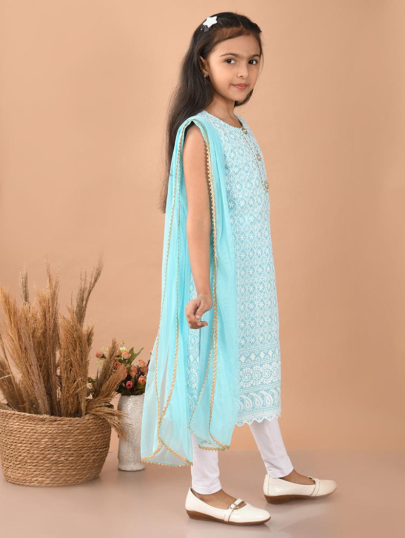 girls embroidered round neck kurta and dupatta set - 21948184 - Standard Image - 4