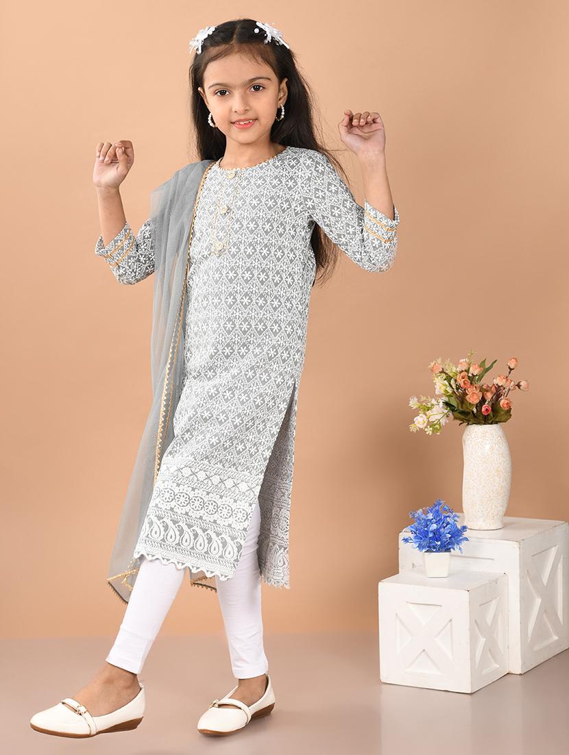 girls embroidered round neck kurta and dupatta set - 21948189 -  Standard Image - 1