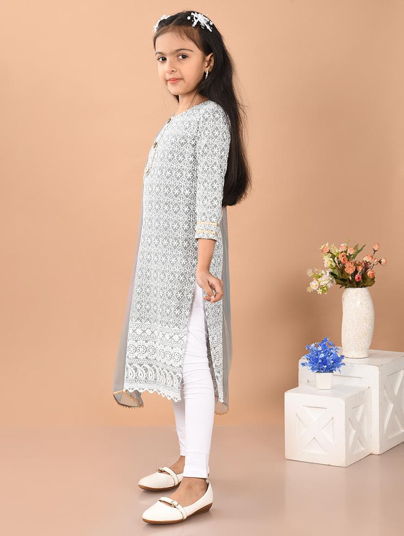 girls embroidered round neck kurta and dupatta set - 21948189 - Standard Image - 4