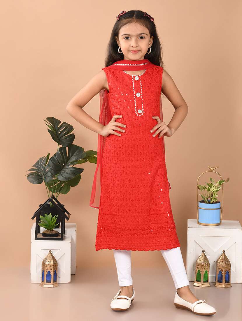 girls embroidered round neck kurta and dupatta set