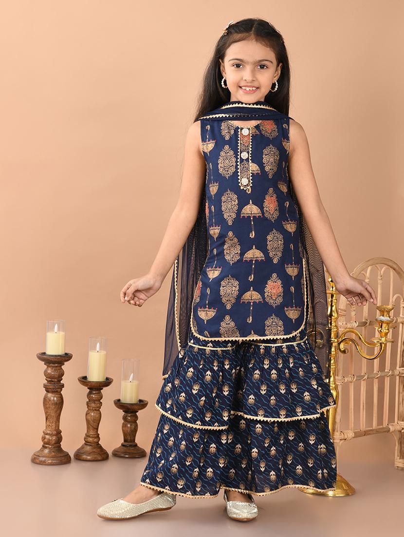 girls printed sleeveless kurta and sharara with dupatta 