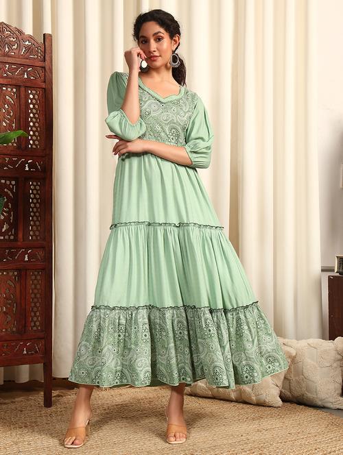 women three quarter sleeve tiered ethnic dress - 21948221 -  Standard Image - 0
