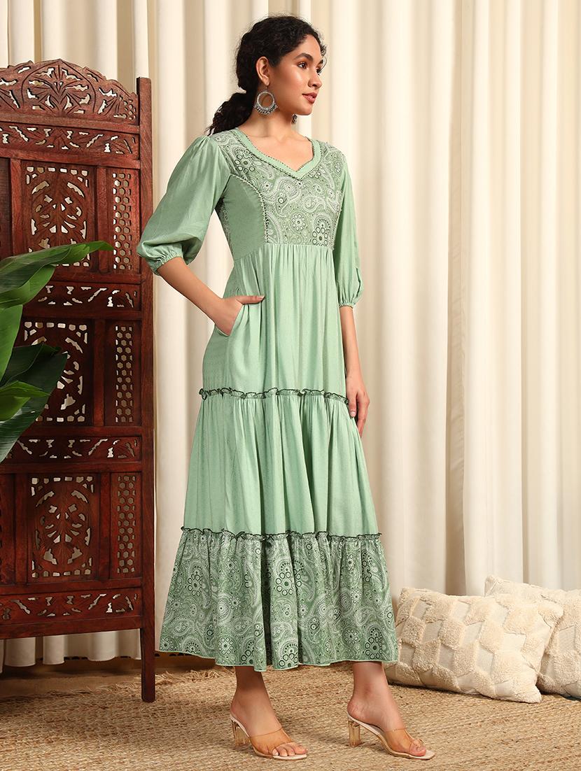 women three quarter sleeve tiered ethnic dress - 21948221 - Standard Image - 1